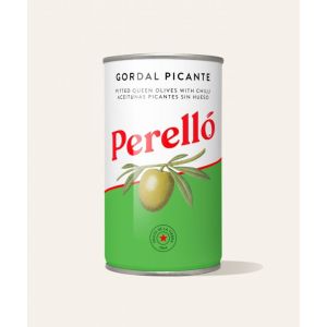 Perello Olives Gordal Queen green pitted chilli 150g Tin sml