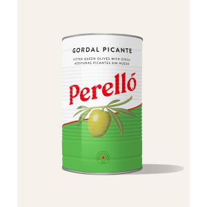 Perello Olives Gordal Queen green pitted chilli 2kg Tin XL