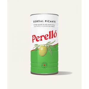 Perello Olives Gordal Queen green pitted chilli 600g Tin lrg