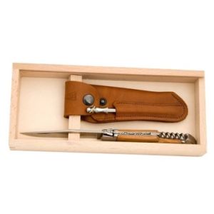 Laguiole Pocket Knife 2pce Olivewood, wine opener & leather pouch Jean Dubost MADE IN FRANCE